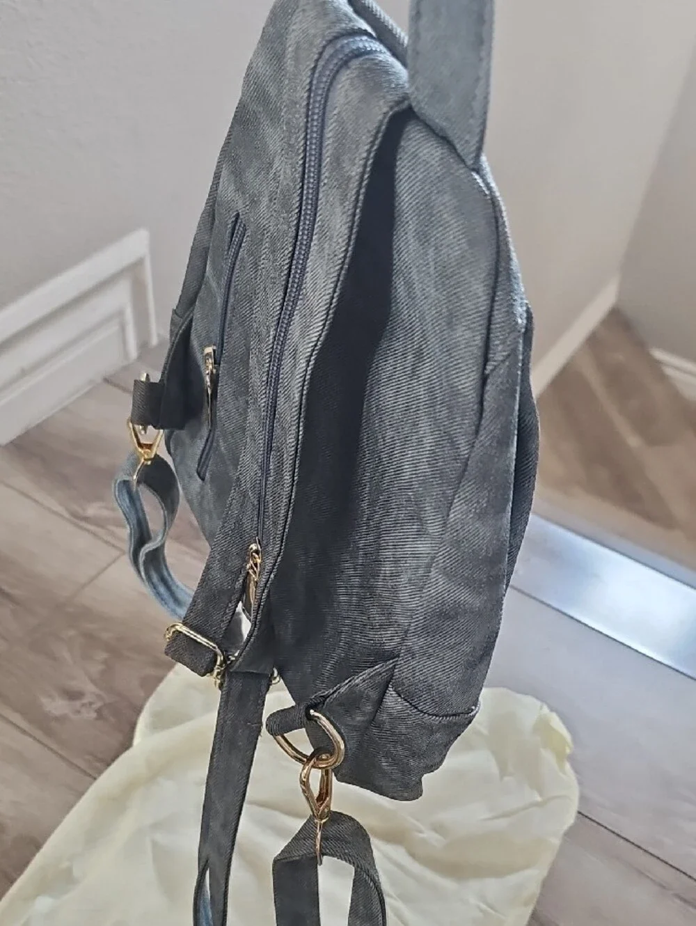 Light Blue Denim Mini Backpack with Gold Zippers
